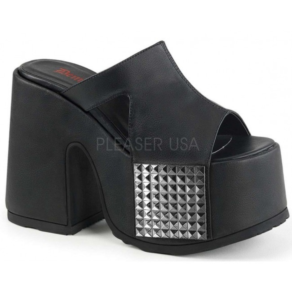Camel Black Platform Demonia Slide w/Silver Panel